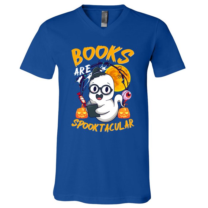 Boooks Ghost Funny Halloween Teacher Book Library Reading Cool Gift V-Neck T-Shirt