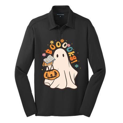 Booooks Ghost Funny Halloween Teacher Book Library Reading Funny Gift Silk Touch Performance Long Sleeve Polo