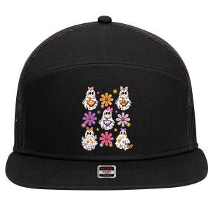 Boo Ghost Floral Halloween Cute Boo Ghoul 7 Panel Mesh Trucker Snapback Hat