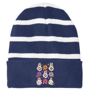 Boo Ghost Floral Halloween Cute Boo Ghoul Striped Beanie with Solid Band