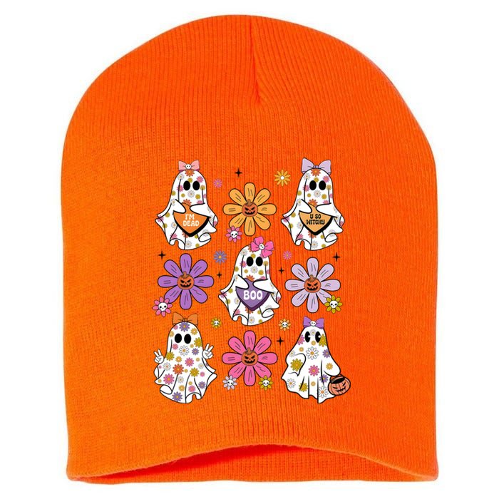 Boo Ghost Floral Halloween Cute Boo Ghoul Short Acrylic Beanie