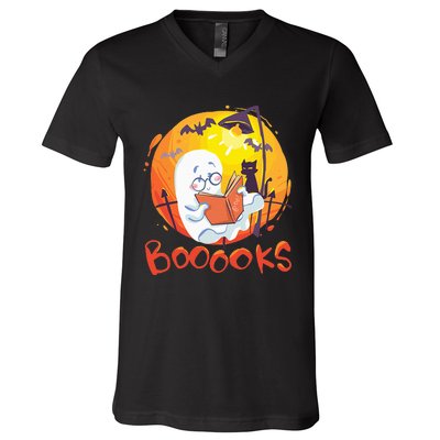 Booooks Ghost Funny Halloween Teacher Book Library Reading V-Neck T-Shirt