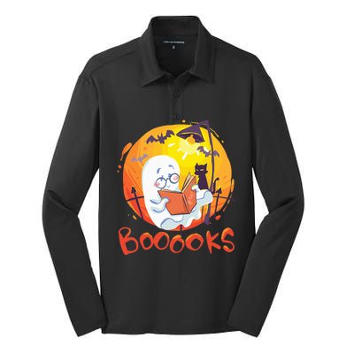 Booooks Ghost Funny Halloween Teacher Book Library Reading Silk Touch Performance Long Sleeve Polo