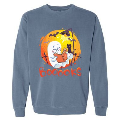 Booooks Ghost Funny Halloween Teacher Book Library Reading Garment-Dyed Sweatshirt