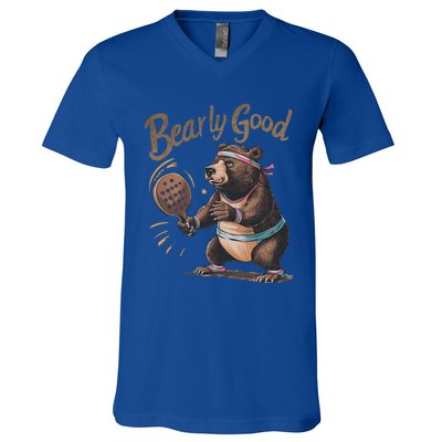 Bearly Good Funny Retro Pickleball Paddleball Bear Gift V-Neck T-Shirt