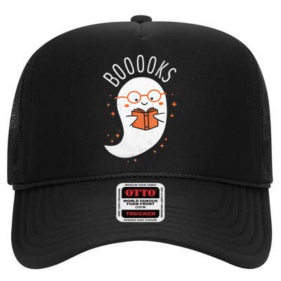 Booooks Ghost Funny Halloween Teacher Book Library Reading High Crown Mesh Back Trucker Hat