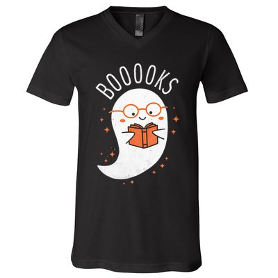 Booooks Ghost Funny Halloween Teacher Book Library Reading V-Neck T-Shirt
