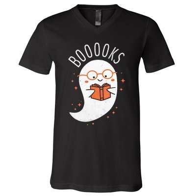 Booooks Ghost Funny Halloween Teacher Book Library Reading V-Neck T-Shirt