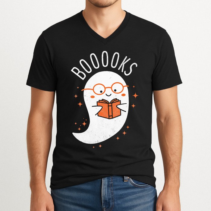 Booooks Ghost Funny Halloween Teacher Book Library Reading V-Neck T-Shirt