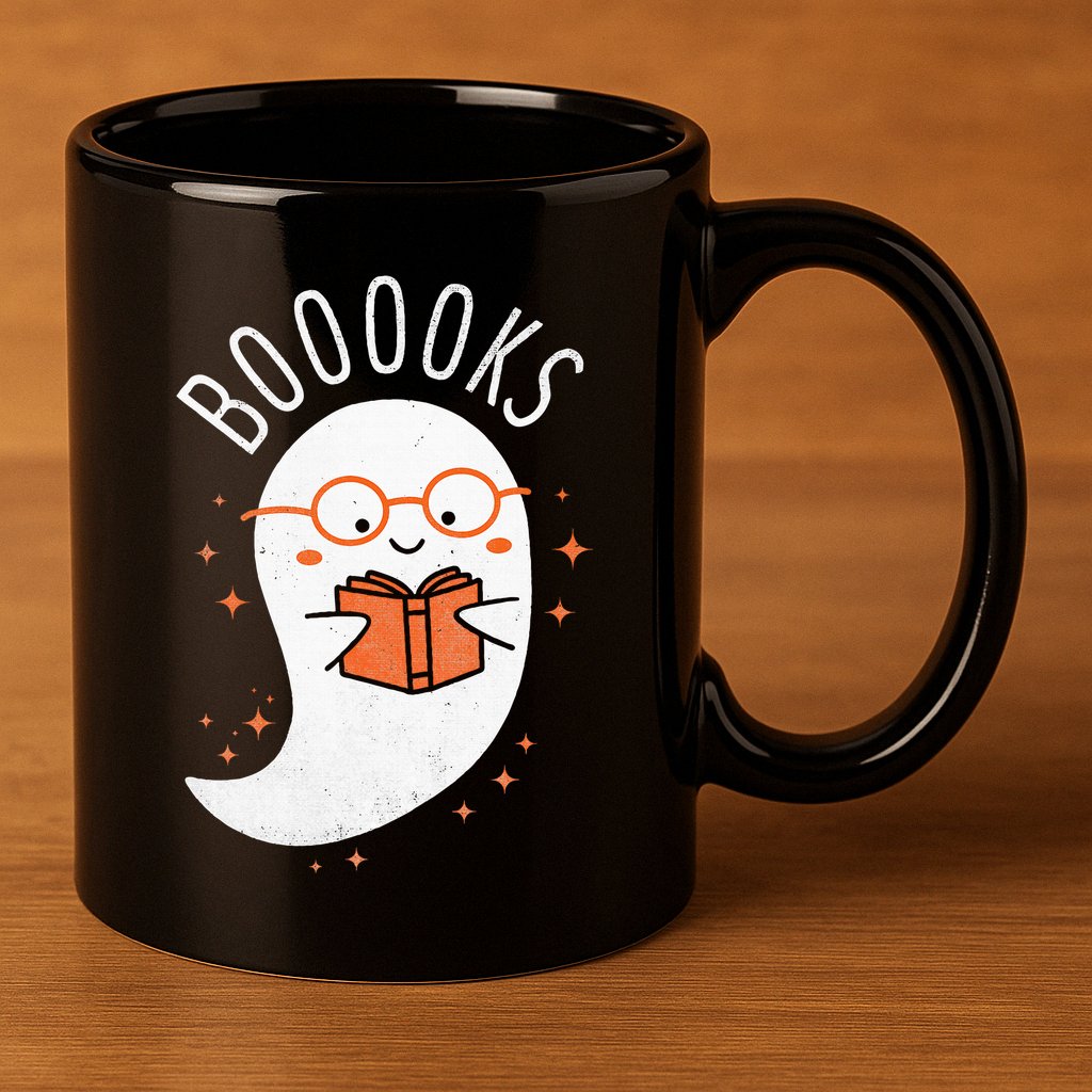 Booooks Ghost Funny Halloween Teacher Book Library Reading 11oz C Handle Ceramic Mug