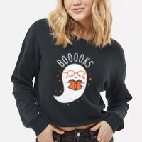Booooks Ghost Funny Halloween Teacher Book Library Reading Cropped Pullover Crew
