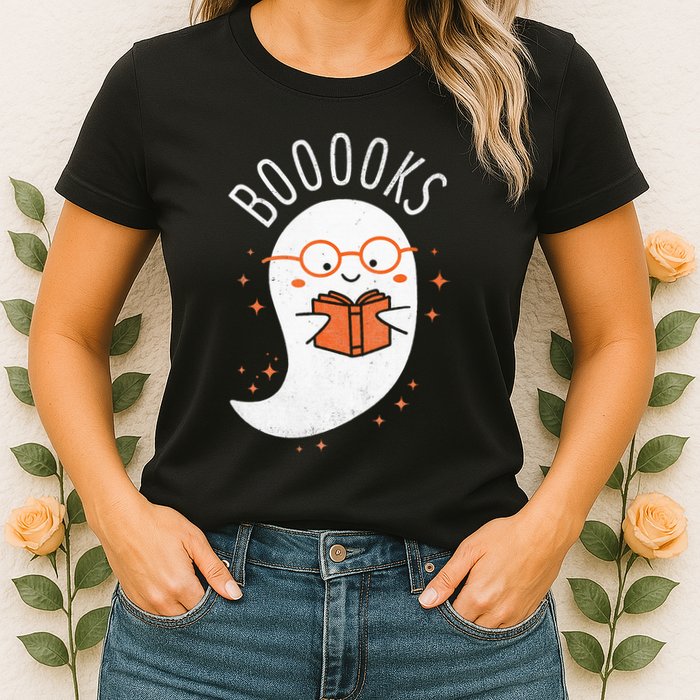 Booooks Ghost Funny Halloween Teacher Book Library Reading Womens T-Shirt