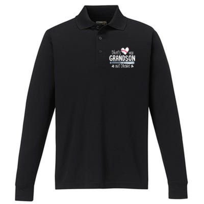 Baseball Gift for Grandparents That's My Grandson Out There Performance Long Sleeve Polo