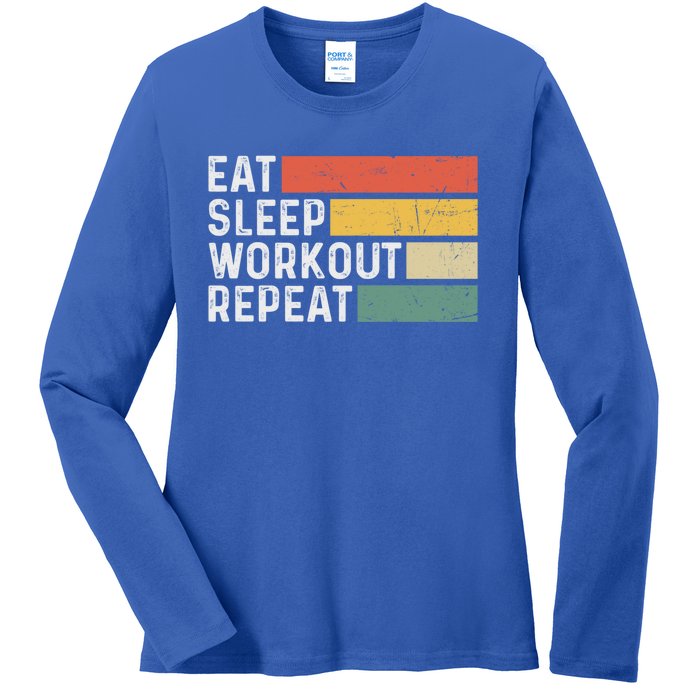 Bodybuilder Gym Funny Vintage Cute Gift Eat Sleep Workout Repeat Gift Ladies Long Sleeve Shirt