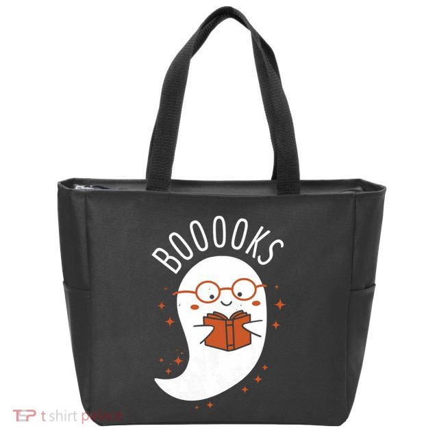 Booooks Ghost Funny Halloween Teacher Book Library Reading Zip Tote Bag