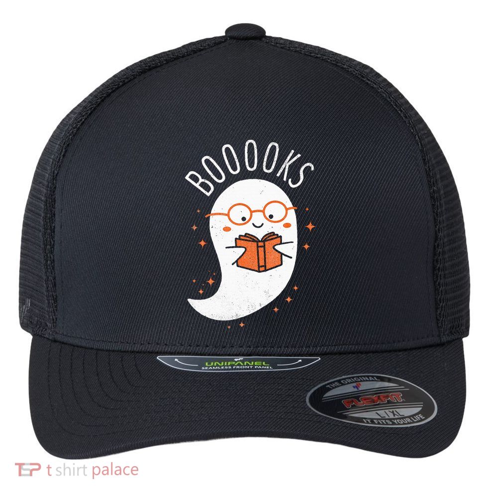 Booooks Ghost Funny Halloween Teacher Book Library Reading Flexfit Unipanel Trucker Cap