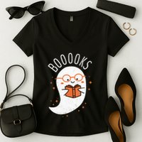 Booooks Ghost Funny Halloween Teacher Book Library Reading Women's V-Neck T-Shirt