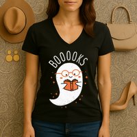 Booooks Ghost Funny Halloween Teacher Book Library Reading Women's V-Neck T-Shirt