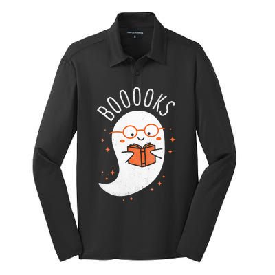 Booooks Ghost Funny Halloween Teacher Book Library Reading Silk Touch Performance Long Sleeve Polo