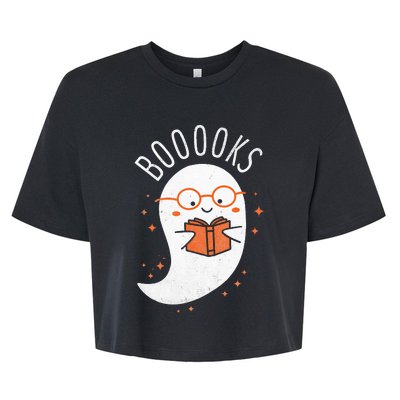 Booooks Ghost Funny Halloween Teacher Book Library Reading Bella+Canvas Jersey Crop Tee