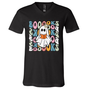 Booooks Ghost Funny Halloween Teacher Book Library Reading V-Neck T-Shirt