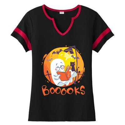 Booooks Ghost Funny Halloween Teacher Book Library Reading Ladies Halftime Notch Neck Tee