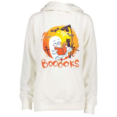 Booooks Ghost Funny Halloween Teacher Book Library Reading Womens Funnel Neck Pullover Hood