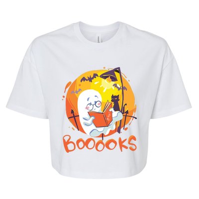 Booooks Ghost Funny Halloween Teacher Book Library Reading Bella+Canvas Jersey Crop Tee