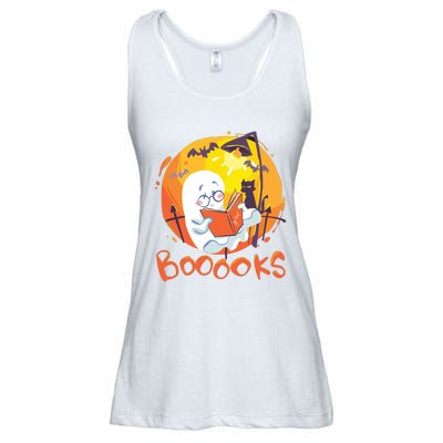 Booooks Ghost Funny Halloween Teacher Book Library Reading Ladies Essential Flowy Tank