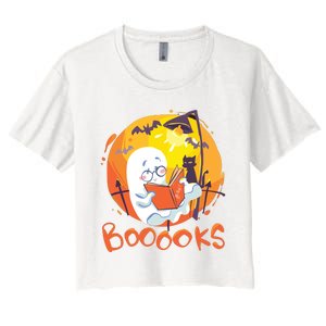 Booooks Ghost Funny Halloween Teacher Book Library Reading Women's Crop Top Tee