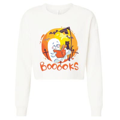 Booooks Ghost Funny Halloween Teacher Book Library Reading Cropped Pullover Crew