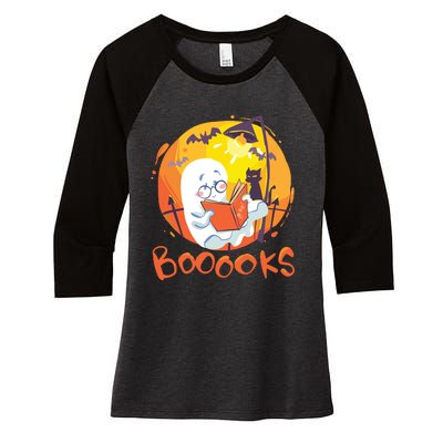 Booooks Ghost Funny Halloween Teacher Book Library Reading Women's Tri-Blend 3/4-Sleeve Raglan Shirt