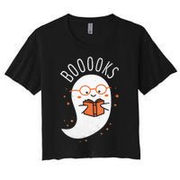 Booooks Ghost Funny Halloween Teacher Book Library Reading Women's Crop Top Tee