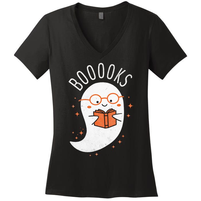 Booooks Ghost Funny Halloween Teacher Book Library Reading Women's V-Neck T-Shirt