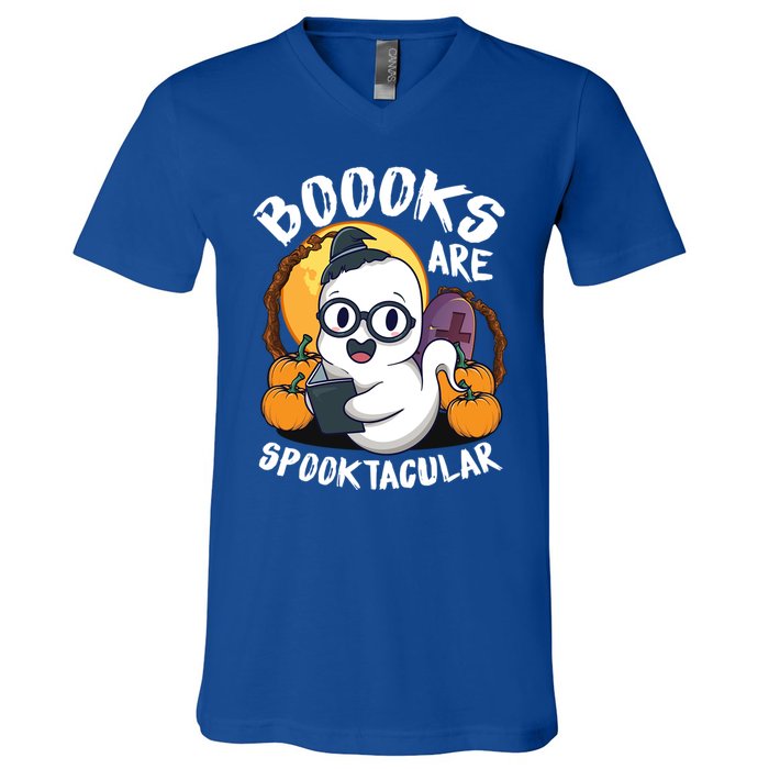 Boooks Ghost Funny Halloween Teacher Book Library Reading Meaningful Gift V-Neck T-Shirt