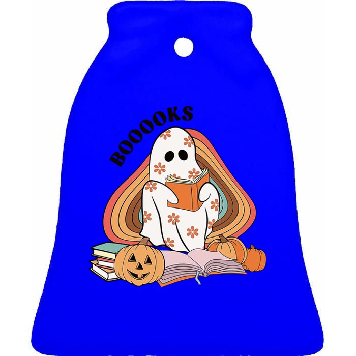 Booooks Groovy Ghost Reading Book Teacher Halloween Gift Ceramic Bell Ornament