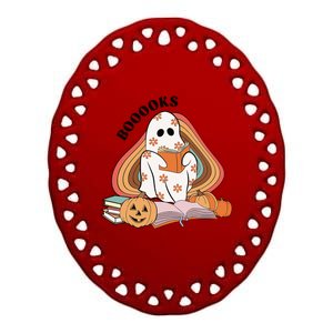 Booooks Groovy Ghost Reading Book Teacher Halloween Gift Ceramic Oval Ornament