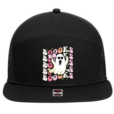 Boooks Ghost Groovy Book Reading Halloween Teacher 7 Panel Mesh Trucker Snapback Hat