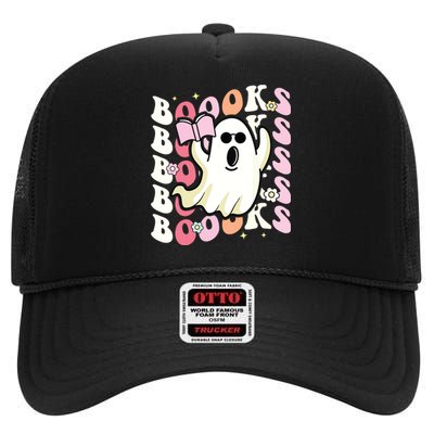 Boooks Ghost Groovy Book Reading Halloween Teacher High Crown Mesh Back Trucker Hat