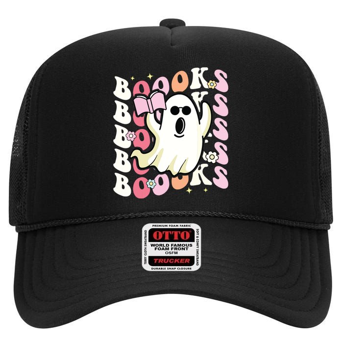 Boooks Ghost Groovy Book Reading Halloween Teacher High Crown Mesh Back Trucker Hat