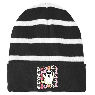 Boooks Ghost Groovy Book Reading Halloween Teacher Striped Beanie with Solid Band