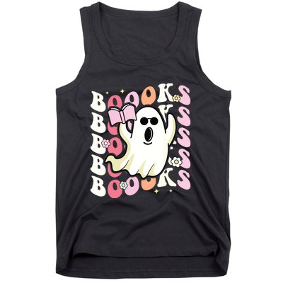 Boooks Ghost Groovy Book Reading Halloween Teacher Tank Top