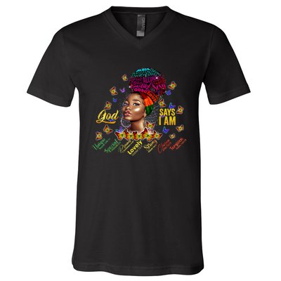 Black Girl God Says I Am Black Melanin History Month Pride V-Neck T-Shirt