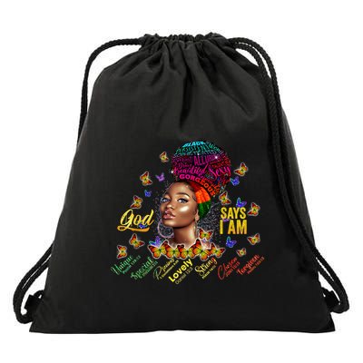 Black Girl God Says I Am Black Melanin History Month Pride Drawstring Bag