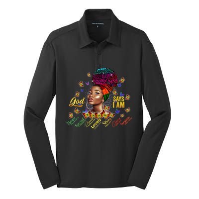 Black Girl God Says I Am Black Melanin History Month Pride Silk Touch Performance Long Sleeve Polo