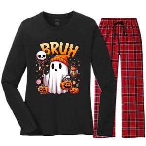 Bruh Ghost Halloween Cute Ghost Trick Or Treat Candy Women's Long Sleeve Flannel Pajama Set 