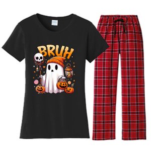 Bruh Ghost Halloween Cute Ghost Trick Or Treat Candy Women's Flannel Pajama Set