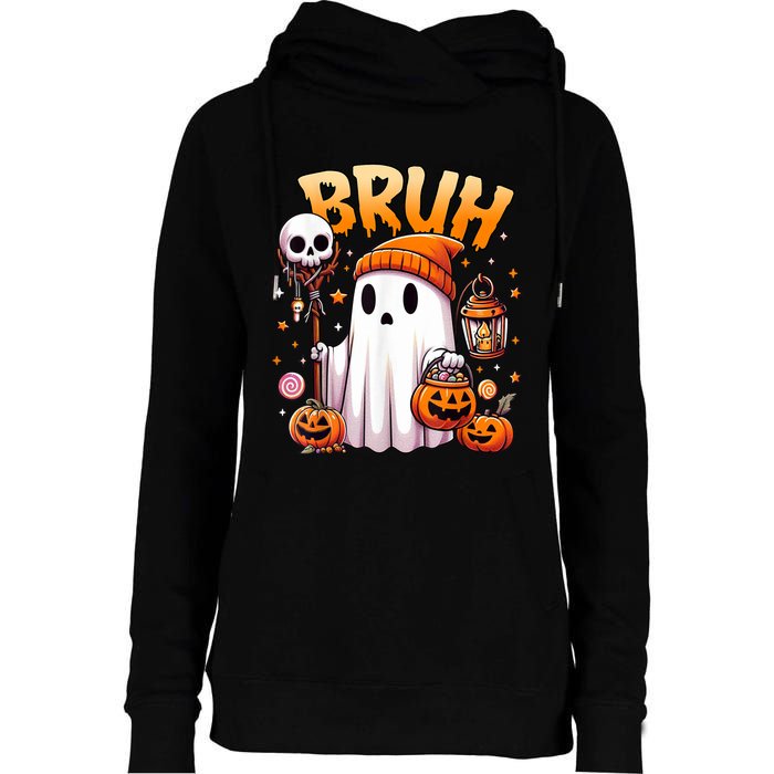 Bruh Ghost Halloween Cute Ghost Trick Or Treat Candy Womens Funnel Neck Pullover Hood