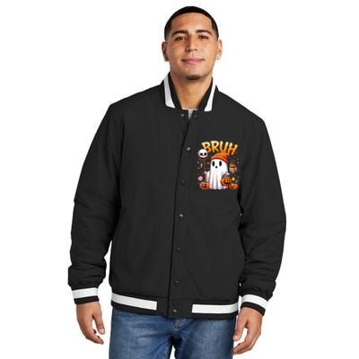 Bruh Ghost Halloween Cute Ghost Trick Or Treat Candy Insulated Varsity Jacket