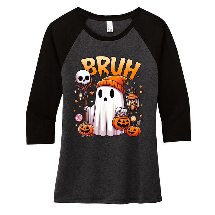 Bruh Ghost Halloween Cute Ghost Trick Or Treat Candy Women's Tri-Blend 3/4-Sleeve Raglan Shirt